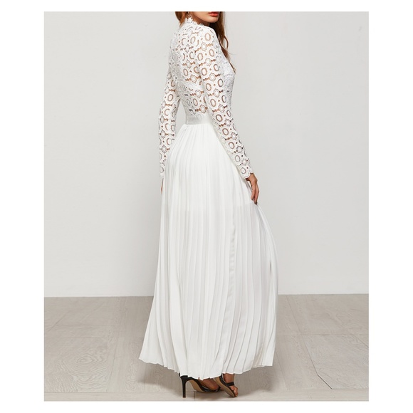 White Embroidered Top Pleated Maxi Dress - Picture 4 of 5